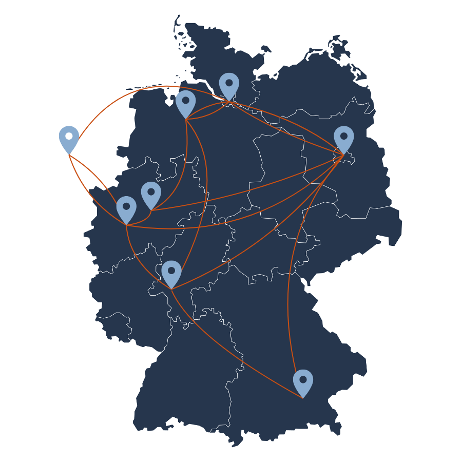 Karte von Deutschland mit eingezeichnetem Glasfasernetz von LWLcom, markiert mit Standorten der Backbones in Bremen, Hamburg, Düsseldorf, Dortmund, Frankfurt, Berlin, München und Amsterdam.