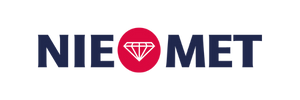 Logo Niemet, grauer Schriftzug mit einem roten Kreis mit Diamant in der Mitte.